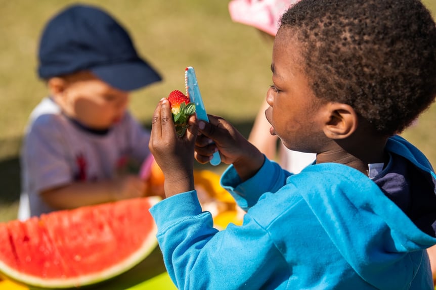 Child using child-safe knife to cut a strawberry into pieces